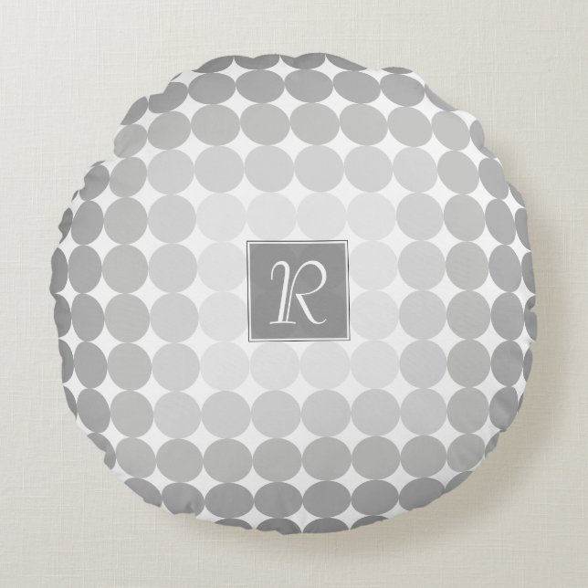 Moderne Grijze Cirkels Monogram Rond Kussen (Voorkant)
