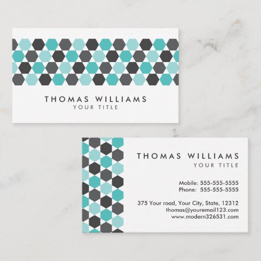 Moderne grijze en aqua blue hexagon grens visitekaartje (Voorkant / Achterkant)