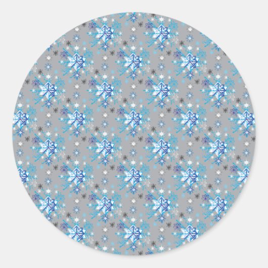 Moderne grijze en blauwe sneeuwvlokken ronde sticker (Voorkant)