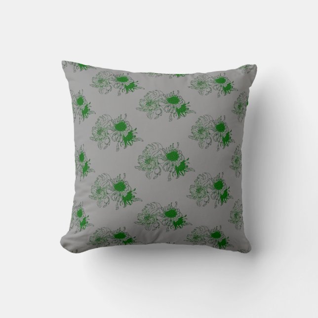 Moderne grijze en groene bloempatroon-werpkussen kussen (Voorkant)