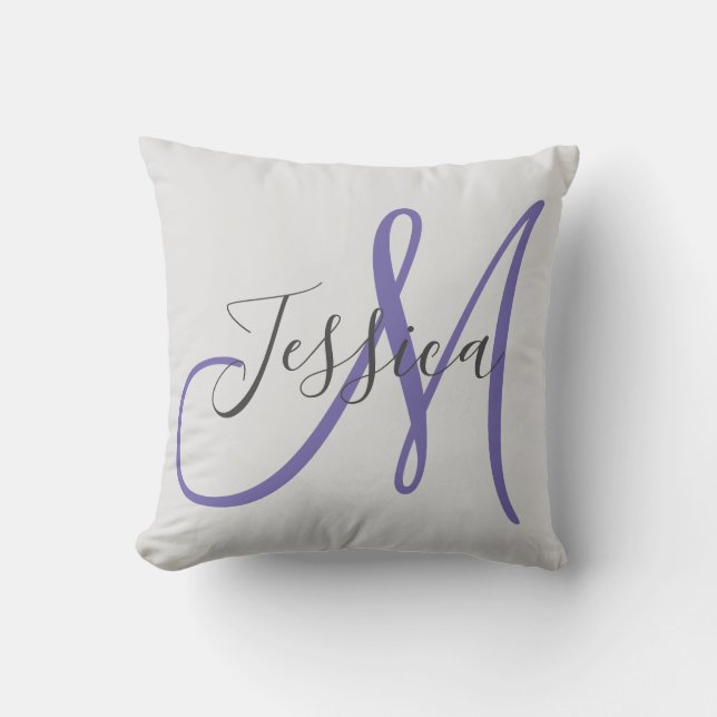Moderne grijze en Paarse monogram Kussen (Voorkant)