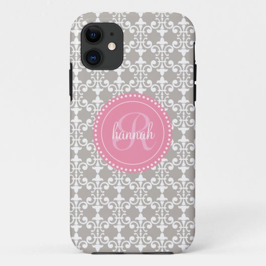 Moderne grijze en roze Damask op maat Case-Mate iPhone Case (Achterkant)