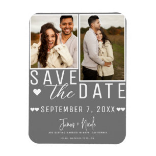 Moderne grijze en witte save the date 2 foto trouw magneet