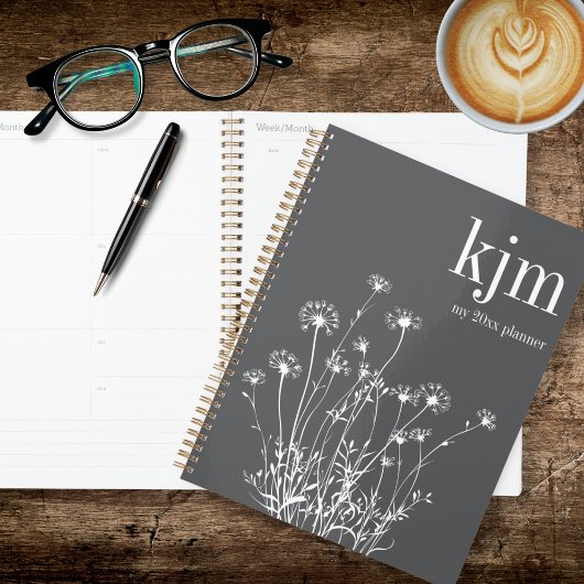 Moderne grijze en witte wilde bloemen planner