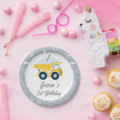 Moderne Grijze Gele Dump Truck 1e Verjaardag Papieren Bordje (Feest)