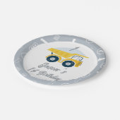 Moderne Grijze Gele Dump Truck 1e Verjaardag Papieren Bordje (Gekanteld)