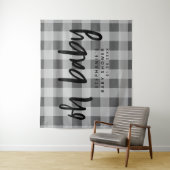 Moderne Grijze Gingham Baby Shower Achtergrond Wandkleed (In situ)