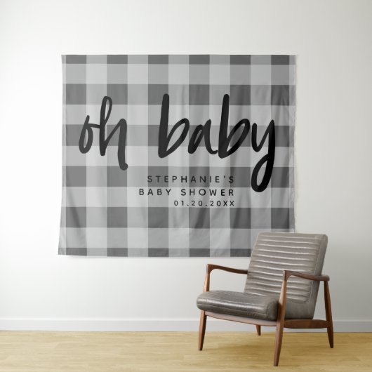 Moderne Grijze Gingham Baby Shower Achtergrond Wandkleed (In Situ (horizontaal))