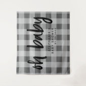 Moderne Grijze Gingham Baby Shower Achtergrond Wandkleed (Voorkant)