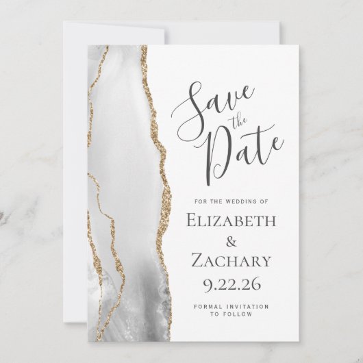 Moderne Grijze Gouden Agaat Bewaar de Datum Save The Date (Voorkant)