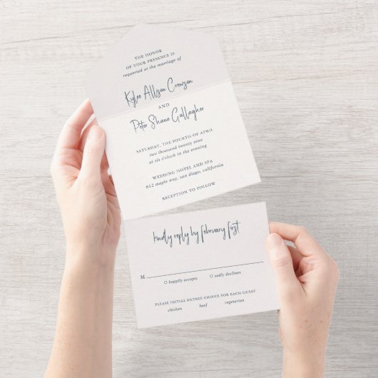 Moderne grijze handgeschreven script elegante trou all in one uitnodiging (Afscheurbaar)