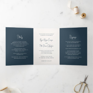 Moderne grijze handgeschreven script elegante trou drieluik uitnodiging