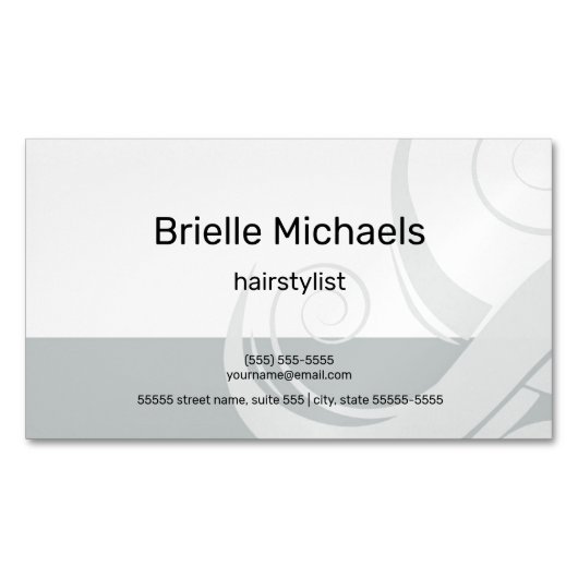 Moderne grijze kapper scroll magnetisch visitekaartje (Voorkant)