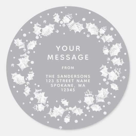 Moderne grijze kerst Holly WreatReturn Address Ronde Sticker (Voorkant)