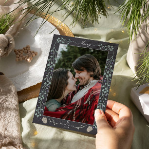 Moderne grijze kerstfoto met botanische versie feestdagen kaart
