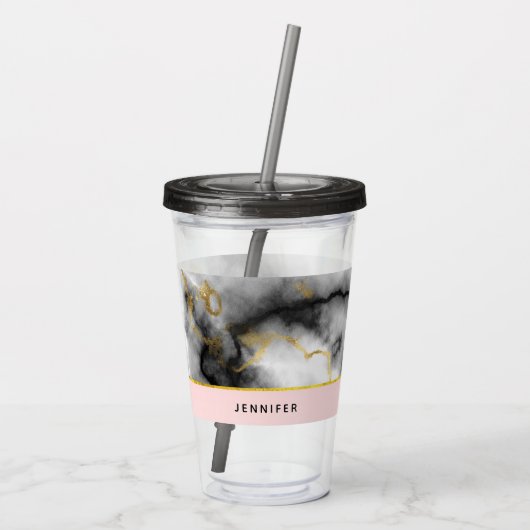 Moderne grijze marmer met gouden lint acryl drinkbeker (Achterkant)