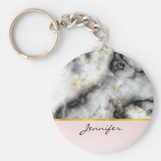 Moderne grijze marmer met gouden lint sleutelhanger (Voorkant)