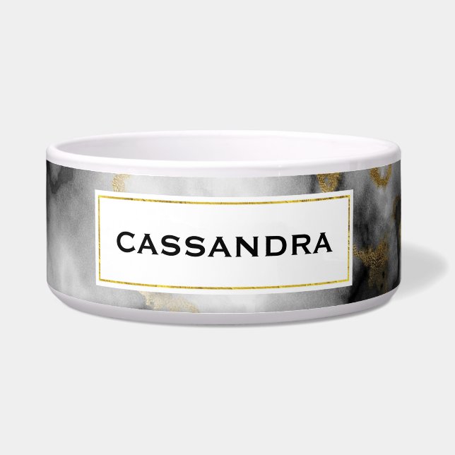 Moderne grijze marmer met gouden lint voerbakje (Voorkant)