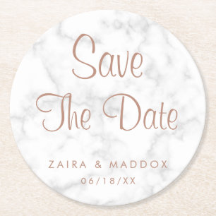 Moderne grijze marmer met Roos Gold Save the Date Ronde Kartonnen Onderzetter