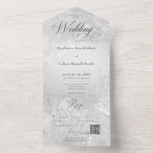 Moderne grijze marmer Minimale QR-code All In One Uitnodiging (Binnen)