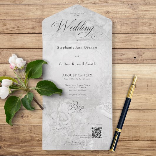 Moderne grijze marmer Minimale QR-code All In One Uitnodiging