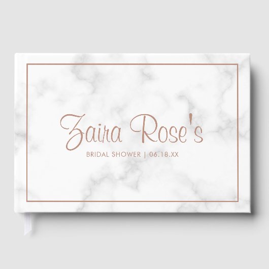 Moderne grijze marmeren bruidsdouche met roze goud gastenboek (Voorkant)