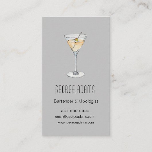 Moderne grijze Martini Bartender visitekaartje (Voorkant)