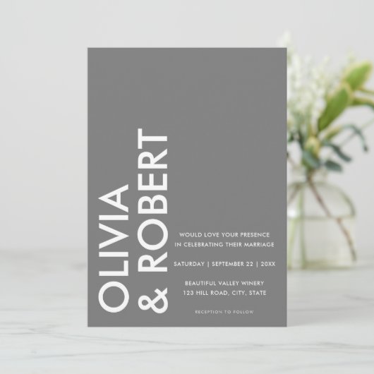 Moderne, grijze, minimale bruiloft kaart (Staand voorkant)