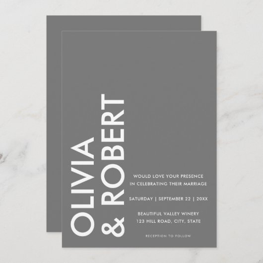 Moderne, grijze, minimale bruiloft kaart (Voorkant / Achterkant)