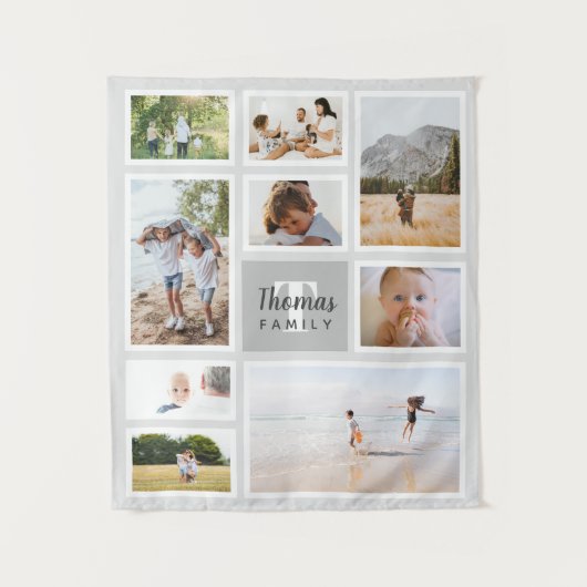 Moderne grijze monochrome familie fotocollage wandkleed (Voorkant)