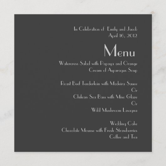 Moderne grijze monogram trouwmenu's menu (Voorkant)