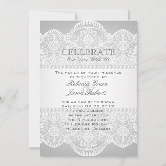 moderne grijze parelwitte kant vintage bruiloft kaart (Voorkant)