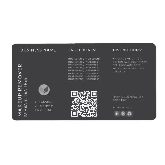 Moderne grijze QR-code wrap-around fles ingrediënt Etiket (Voorkant)
