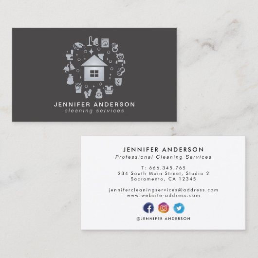 Moderne grijze reinigingsservices visitekaartje (Voorkant / Achterkant)