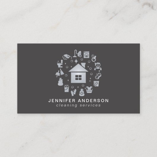 Moderne grijze reinigingsservices visitekaartje (Voorkant)