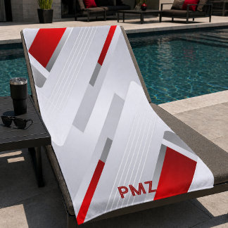 Moderne grijze rode geometrische monogram strandlaken