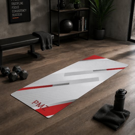 Moderne grijze rode geometrische monogram yogamat