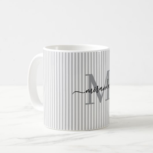 Moderne grijze streep Monogram naam Koffiemok (Voorkant links)