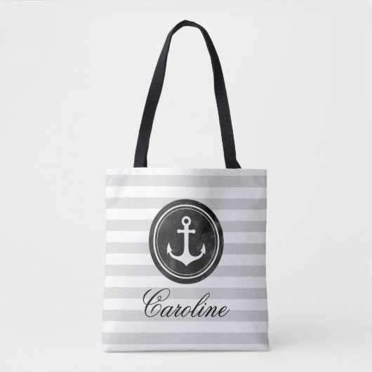Moderne Grijze Strepen Nautisch Anker Tote Bag (Voorkant)