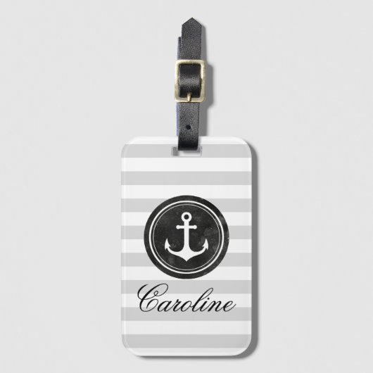 Moderne Grijze Strepen Zwarte Ankernaam Bagagelabel (Voorkant (verticaal))