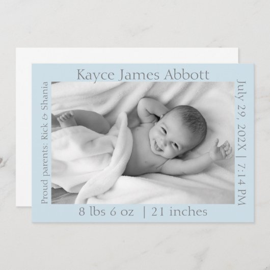 Moderne grijze tekst op blauwe foto geboorteaankon aankondiging (Voorkant / Achterkant)