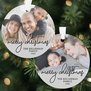 Moderne grijze vrolijke kerstscriptie familie foto ornament