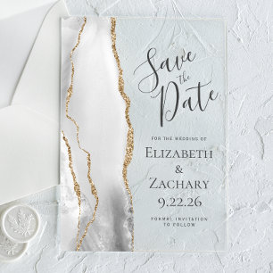 Moderne grijze witte gouden agaat huwelijksaankond acryl uitnodigingen