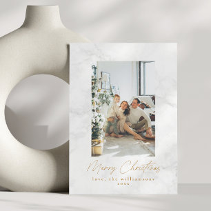 Moderne grijze witte marmeren twee foto Kerstmis Feestdagenkaart