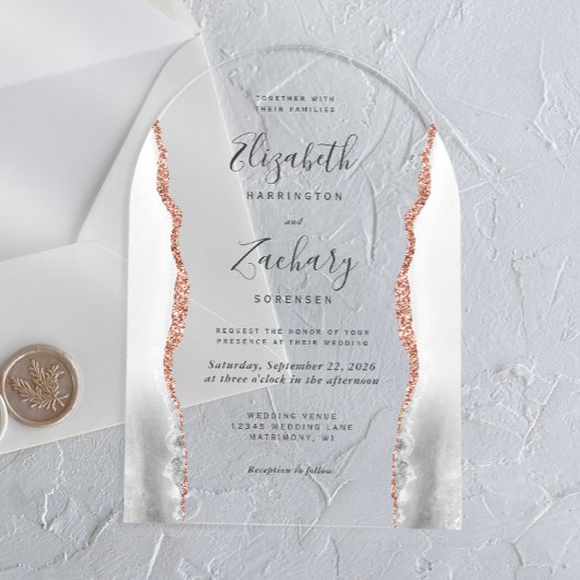 Moderne Grijze Witte Rose Gouden Agaat Boog Huweli Acryl Uitnodigingen