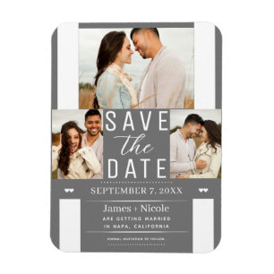 Moderne grijze witte Save the Date 3 foto trouwkaa Magneet