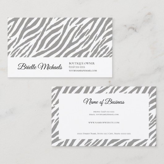 Moderne Grijze Zebra Print Professional Script Visitekaartje (Voorkant / Achterkant)