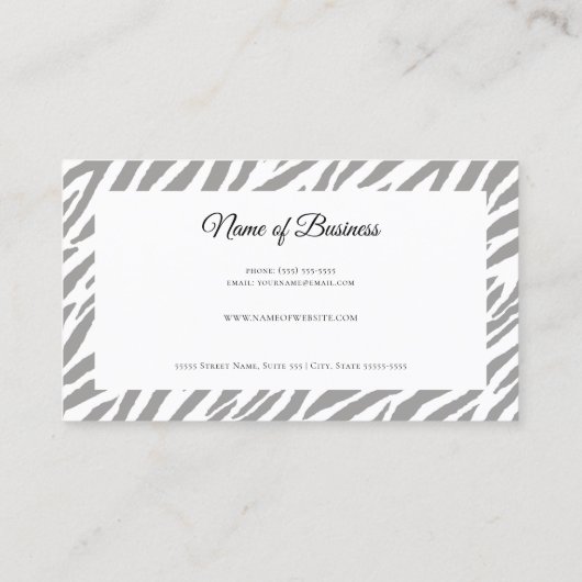 Moderne Grijze Zebra Print Professional Script Visitekaartje (Achterkant)