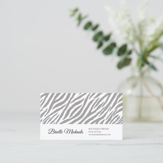 Moderne Grijze Zebra Print Professional Script Visitekaartje (Staand voorkant)