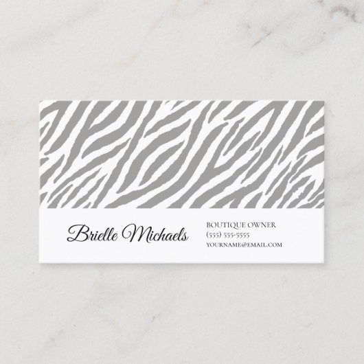 Moderne Grijze Zebra Print Professional Script Visitekaartje (Voorkant)